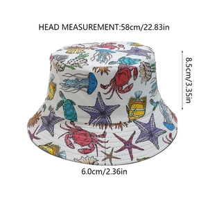 Detailed size chart for sun hat with ocean print showing 58cm head measurement