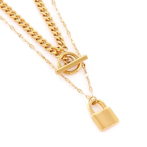 Golden double layered padlock necklace with chunky Cuban chain and sleek OT buckle