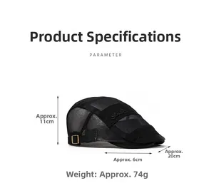 Dettagli del cappello in rete con ricamo, fibbia in metallo e dimensioni del prodotto