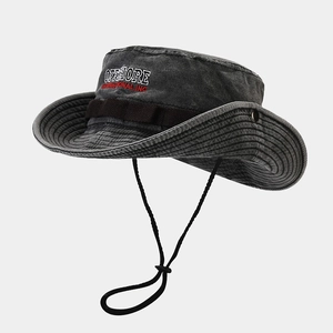 Washed dark gray wide brim outdoor sun hat with chin strap for camping and hiking