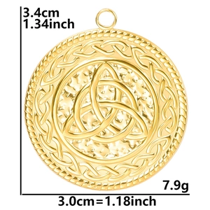 Gold stainless steel Celtic witch knot circular pendant with dimensions and weight specs