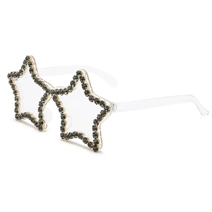 Detail of star-shaped rimless sunglasses with black rhinestones and transparent temples