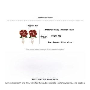 Detail view showing size measurements and alloy material specs for rose pearl earrings
