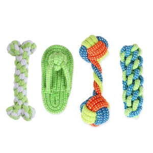 Durable cotton rope toy set for dogs featuring four unique shapes for teething and cleaning