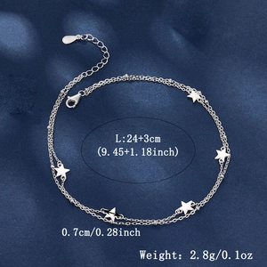 Detail view of 925 silver double-layer star anklet with 24+3cm length measurements