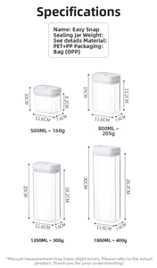 Detailed size comparison of four airtight food containers with PP lids and PET bodies