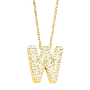 Close-up of gold-plated necklace with sparkling pavé-set letter W pendant on white back
