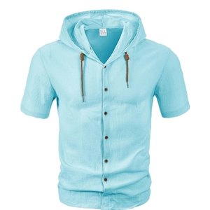 Men's sky blue linen style hooded short sleeve shirt with brown drawstring on white background