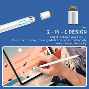 Detail of 2-in-1 active stylus showing the mesh tip and a hand drawing on a tablet