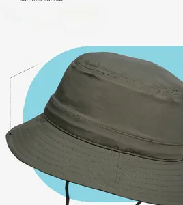 Detail of army green sun hat showing the 7cm wide reinforced brim and quick-dry fabric