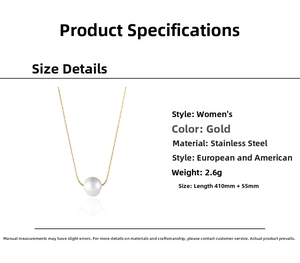 Detail of gold stainless steel necklace with a single pearl showing size specifications