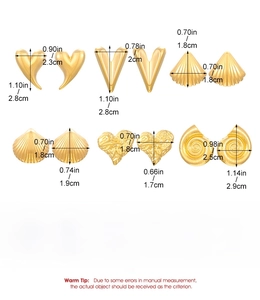 Detailed size chart of assorted golden stainless steel heart and geometric earrings
