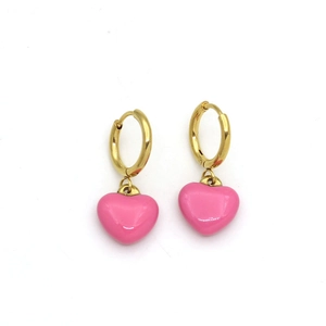 Elegant gold hoop earrings with 3D pink heart pendants on a clean white background