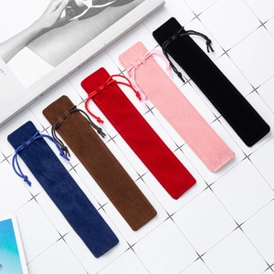 Velvet drawstring gift pouches for pens in blue, brown, red, pink and black colors