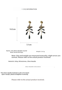 Detailed size parameters for crystal bow tassel earrings with 925 silver needle studs