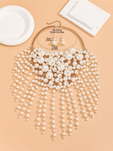 Detailed view of multilayer pearl necklace and matching earrings with size dimensions