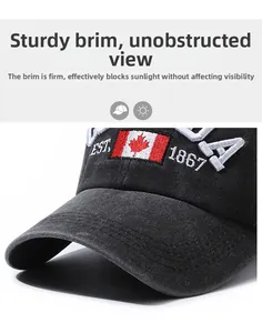 Close-up of black washed denim baseball cap with Canada flag embroidery and reinforced brim
