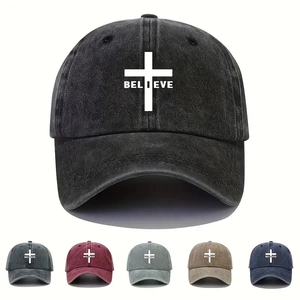 Washed Cotton Baseball Cap Believe Cross Print Retro Vintage Adjustable Dad Hat For Men Women Outdoor Sunshade