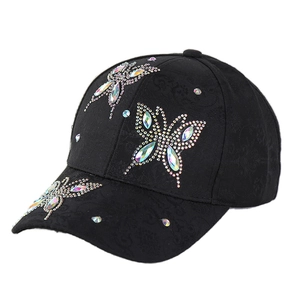 Fashionable black baseball cap with sparkling rhinestone butterfly patterns and jacquard texture