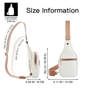 Size chart showing dimensions of white crossbody sling bag with patterned strap