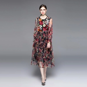 Robe élégante en tulle à taille haute avec broderies florales et manches longues