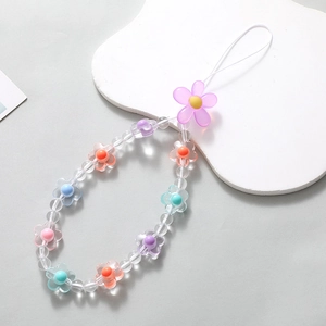 Colorful acrylic flower beaded phone strap for wrist with transparent charms and white cord