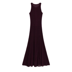 Robe Maxi En Tricot Sans Manches Col Rond Nervuré Couleur Unie Rouge Vin Coupe Ajustée Élégante Longue Femme