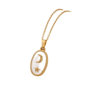 Gold stainless steel necklace with oval sun, moon, and star pendant on a white background