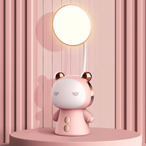 Pink cartoon bear LED desk lamp with folding eye protection and golden trim for kids