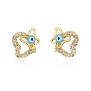 Macro detail of 18K gold evil eye stud earrings with cubic zirconia on white background