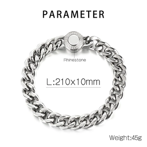 Macro detail of 10mm silver Cuban chain with rhinestone buckle and 210mm length