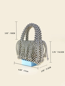 Detailed dimensions of silver beaded bucket bag with fringe, height 14.5cm and width 17cm