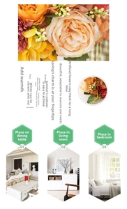 Detail of faux peony and rose bouquet with warm orange and pink tones for home decor