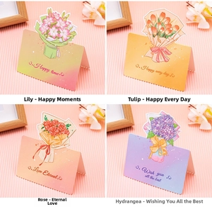 Close-up of four floral 3D greeting cards featuring Lily, Tulip, Rose, and Hydrangea