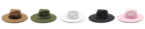 Row of wide brim wool fedora hats in brown, green, white, black, and pink colors