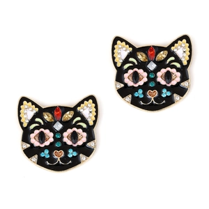 Alloy Cat Head Earrings Enamel Colorful Rhinestone Drip Oil Fashion Creative Animal Jewelry For Women
