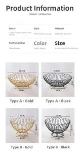 Size chart showing dimensions for gold and black light luxury iron fruit baskets