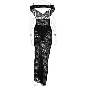 Detailed view of sheer black lace dress with underwire cups and elegant ruched skirt