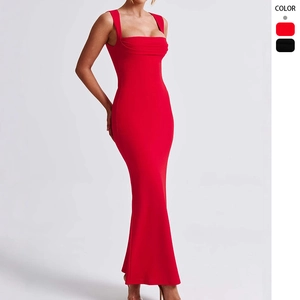 Square Neck Sleeveless Bodycon Maxi Dress For Women Solid Color Polyester Slim Fit Party Evening Elegant Gown