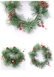 Detailed views of Christmas wreath with green pine needles, pine cones and berries