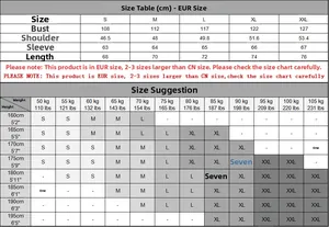 Detailed EUR size chart for men's fleece sweatshirt with body measurement suggestions