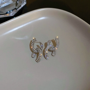 Detailed macro view of silver needle stud earrings with crossing crystal letter design