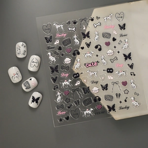 Adesivi per unghie 5D con rilievi di dalmata e farfalle e scritte Lucky e Love