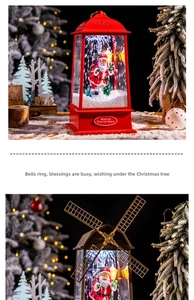 Gros plan sur lanterne de Noël avec figurine Père Noël et effets de neige lumineux LED