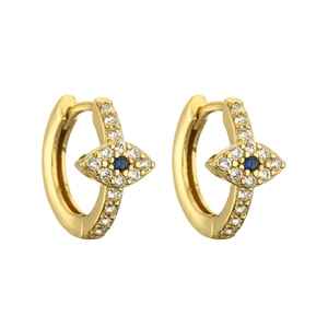 Gold devil eye hoop earrings with colorful cubic zirconia and a central blue stone