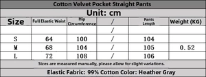 Size chart for heather gray elastic waist cotton pants with specific measurements in cm