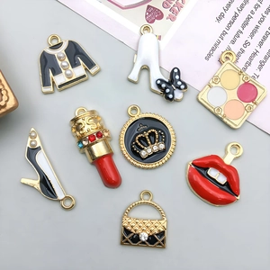 Detailed set of eight alloy enamel charms including high heels, lipstick, and handbags