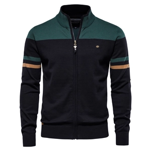 Gilet en maille de qualité pour hommes avec fermeture éclair et rayures vertes sur blanc