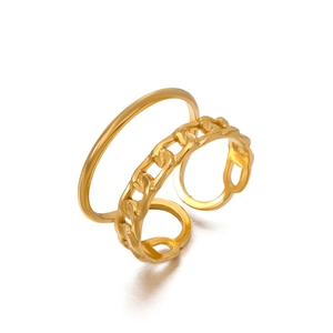 Double-layered gold-plated stainless steel open ring with curb chain and smooth band