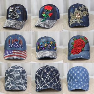 Vintage Washed Denim Baseball Cap With Luxury Rhinestone Floral Motif Adjustable Fashion Sun Hat For Women Outdoor